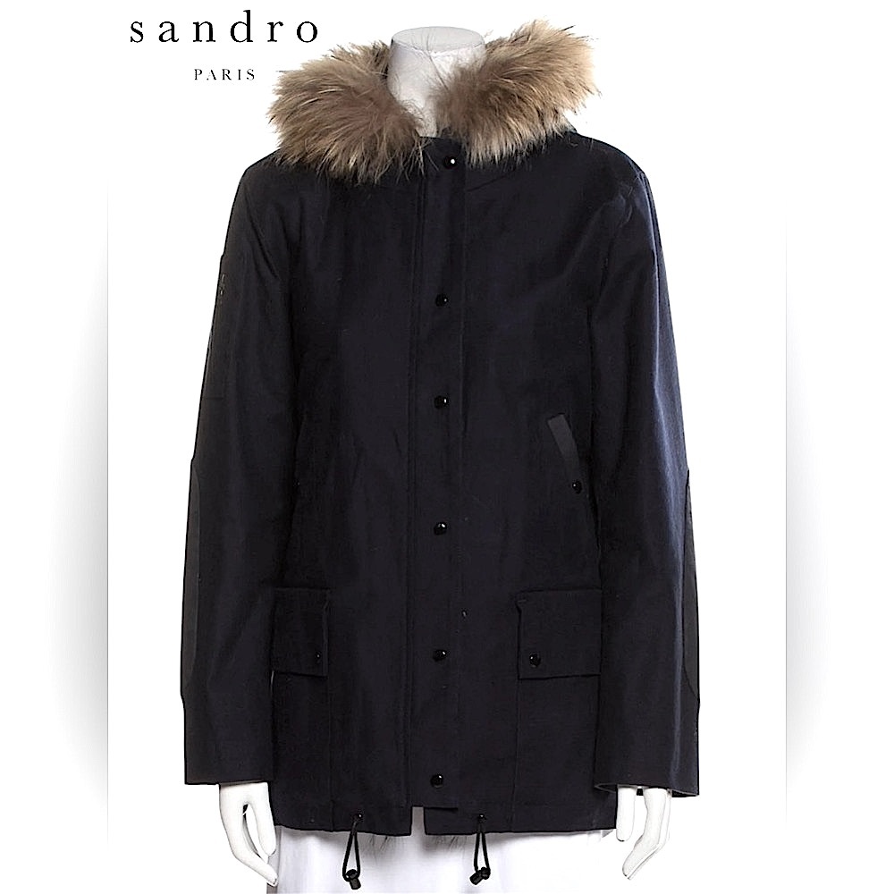 Sandro Fur Trimmed Parka Jacket Black Sherpa Lined Hooded Coat Women’s Size 2 M - Picture 2 of 16